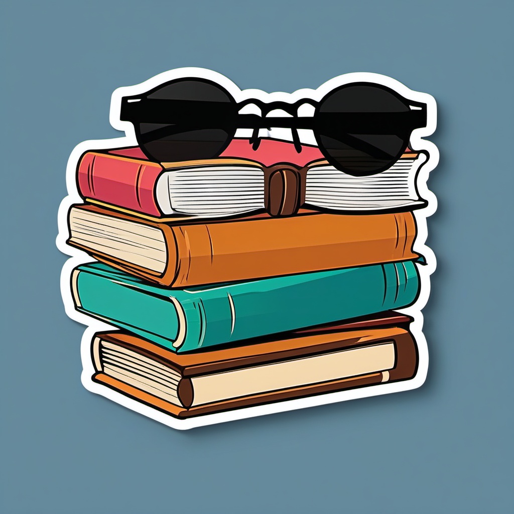 Book Stack and Reading Glasses Sticker - Stack of books with reading glasses, ,vector color sticker art,minimal