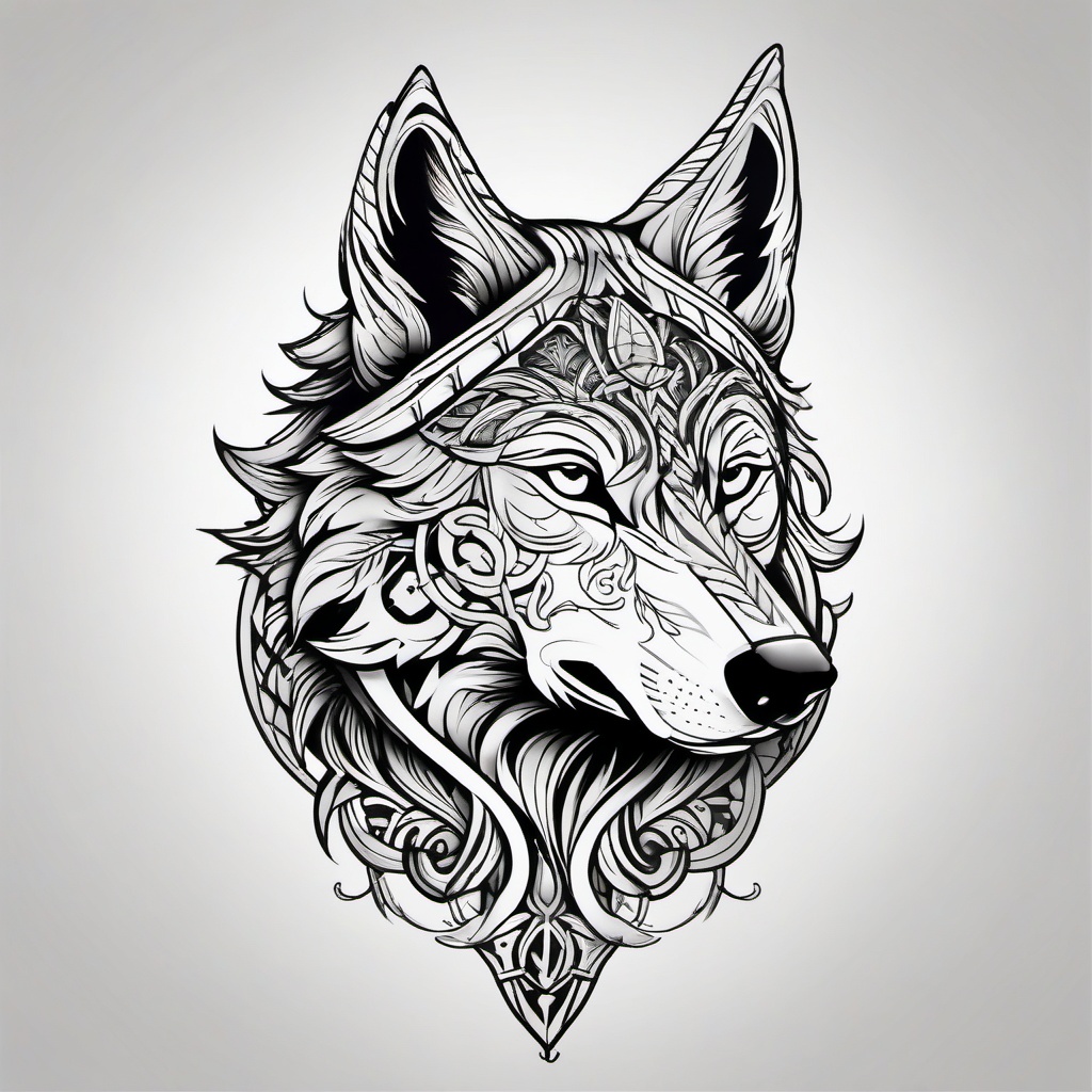 Nordic Wolf Tattoo,wolf tattoo inspired by Nordic culture, embodying the bravery and resilience of the Norse warriors. , tattoo design, white clean background