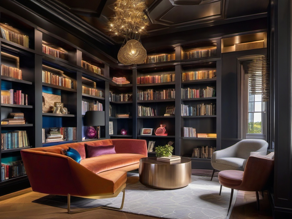 In the library room, cosmic chic interior design incorporates bookshelves with iridescent finishes, comfortable seating, and celestial art that inspire a love for reading and exploration.  