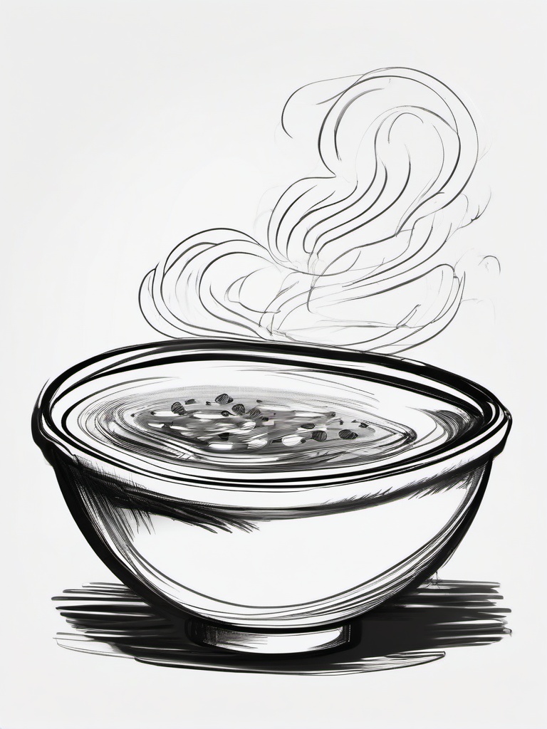 drawing of a steaming bowl of soup  minimal rough sketch scribbles,doodles,black and white