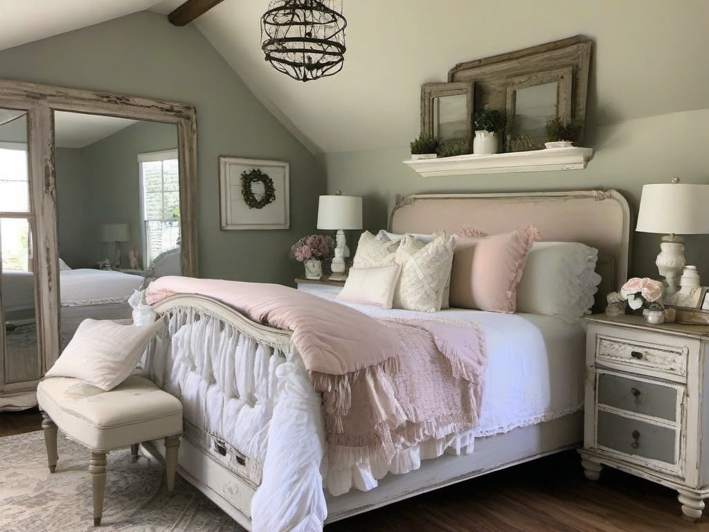 Shabby Chic master bedroom features a distressed bed frame, romantic linens, and vintage decor, offering a cozy and inviting retreat.  