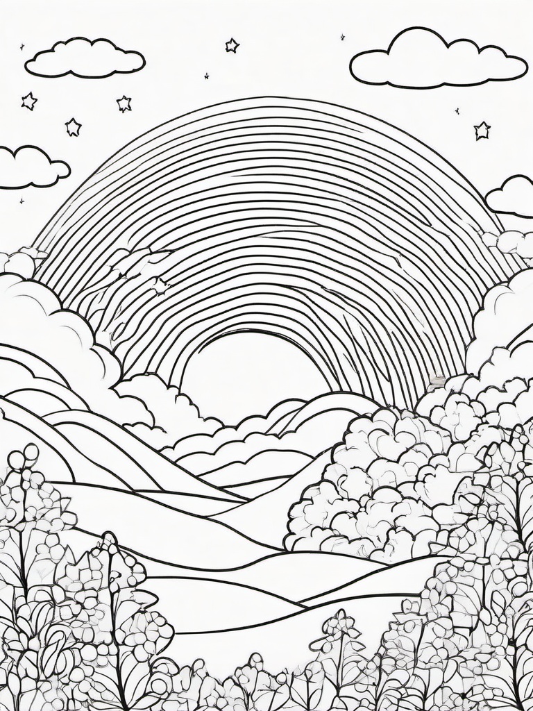 Rainbow Coloring Page - Rainbow with a night sky filled with stars.  easy,simple,minimal,coloring pages,black and white outline