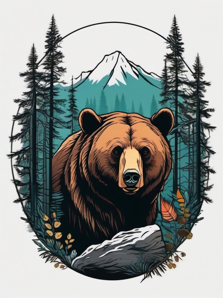 bear forest tattoo  simple color tattoo,white background