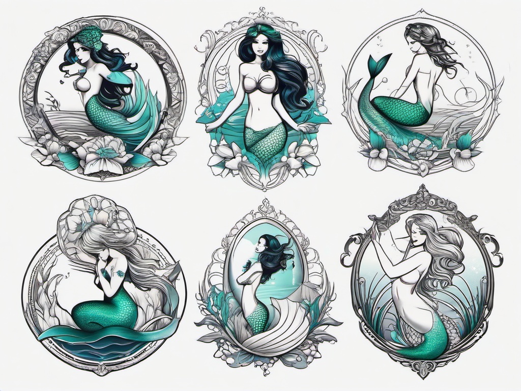 Mermaid Tattoos for Females - Explore a collection of mermaid-themed tattoos designed specifically for females.  simple vector color tattoo,minimal,white background