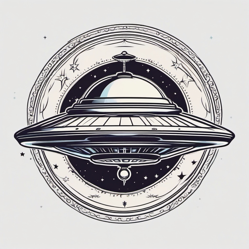 UFO Tattoo - Explore the mysteries of the universe with a classic and iconic UFO tattoo.  simple color tattoo,vector style,white background