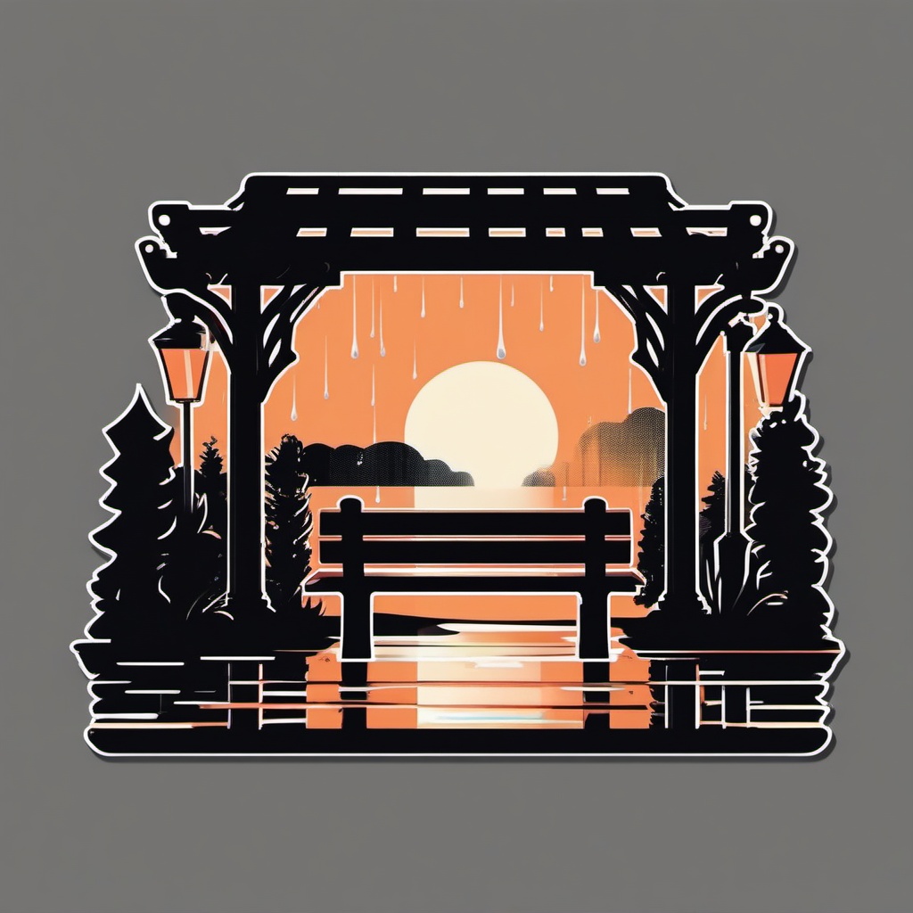 Rainy park bench sticker- Solitude and raindrops, , sticker vector art, minimalist design