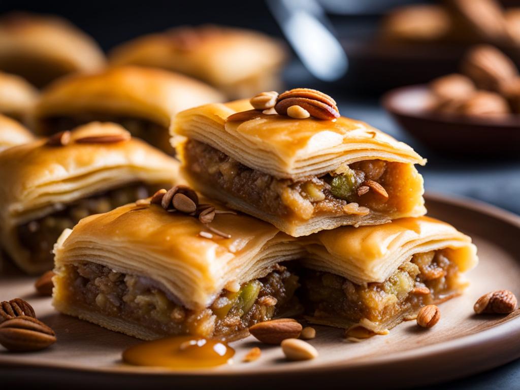 baklava, a flaky pastry made with layers of phyllo dough, honey, and nuts. 