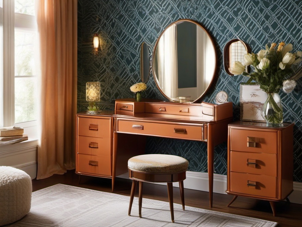 Vintage bedroom features retro furniture, a patterned wallpaper, and a classic vanity to bring nostalgic charm to the space.  