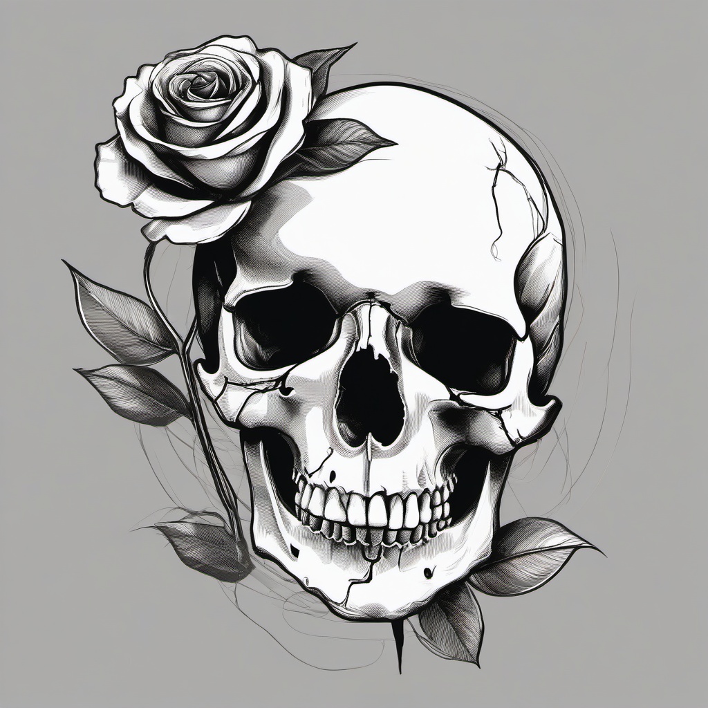 drawing of a skull and a single rose stem  minimal rough sketch scribbles,doodles,black and white