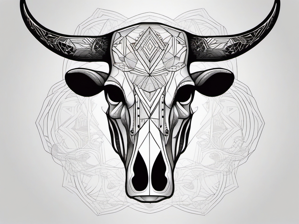 Cow skull with geometric patterns tattoo: Modern twist, dynamic form.  black and white tattoo style