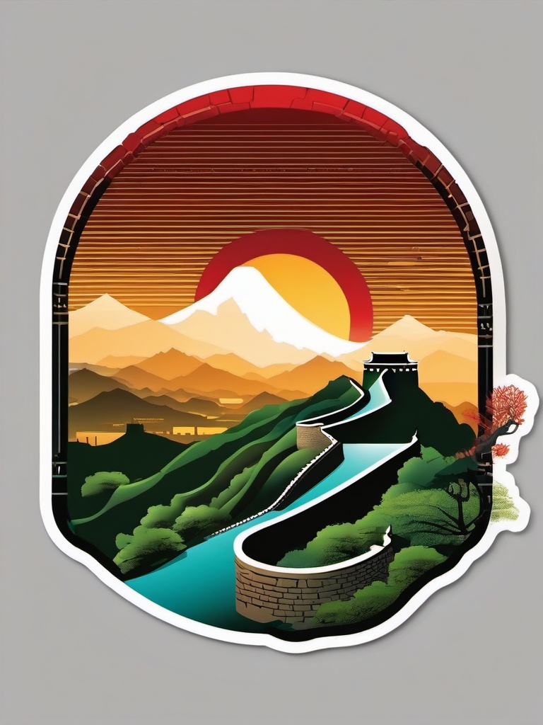 Great Wall of China sticker- Ancient marvel winding through landscapes, , sticker vector art, minimalist design