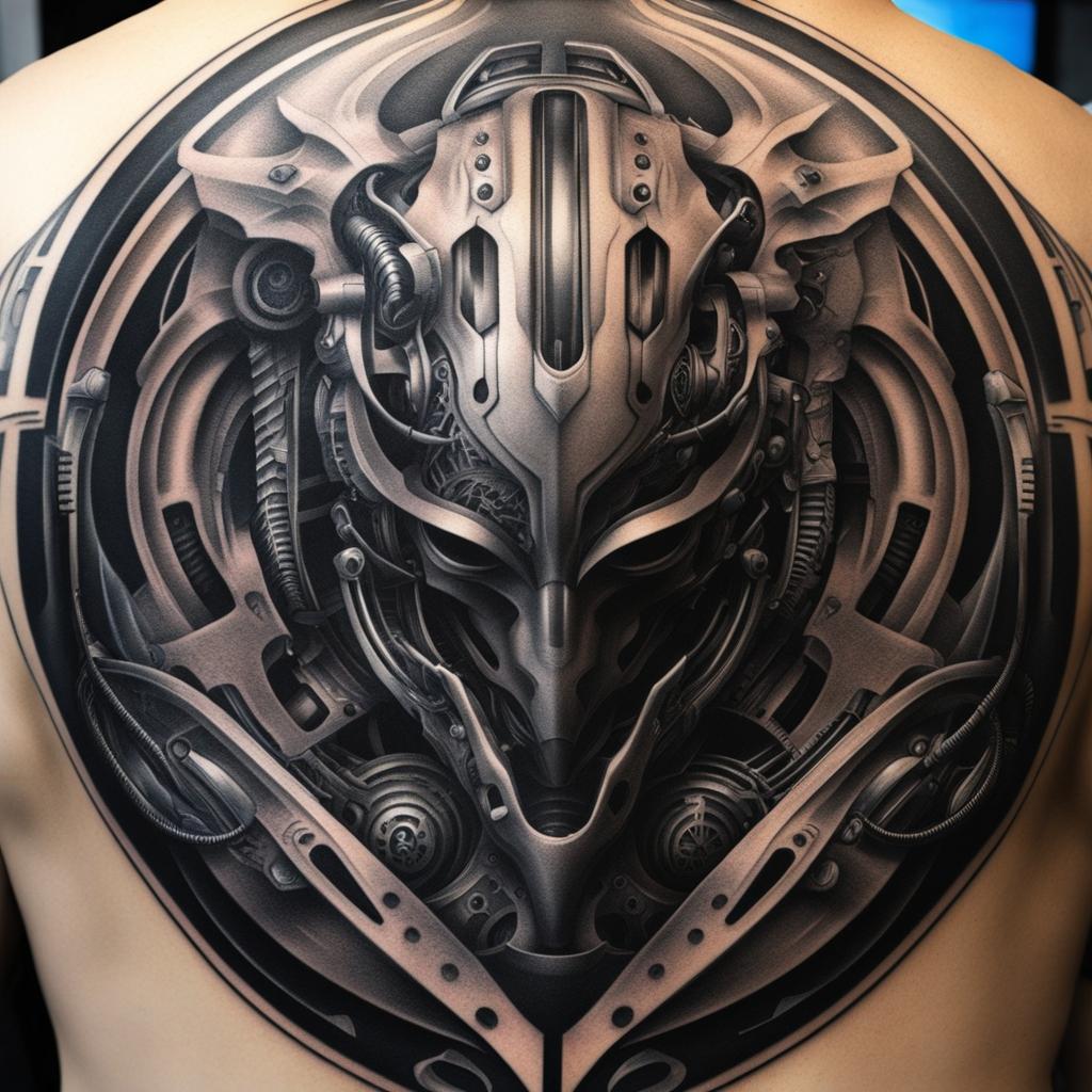 biomechanical tattoo, fusing organic and mechanical elements for a futuristic and cybernetic look. 