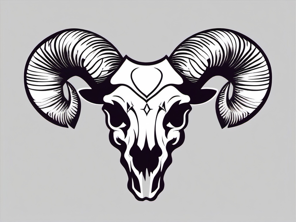 Satanic Ram Skull Tattoo - A tattoo featuring the skull of a ram in a representation associated with satanic symbolism.  simple color tattoo design,white background