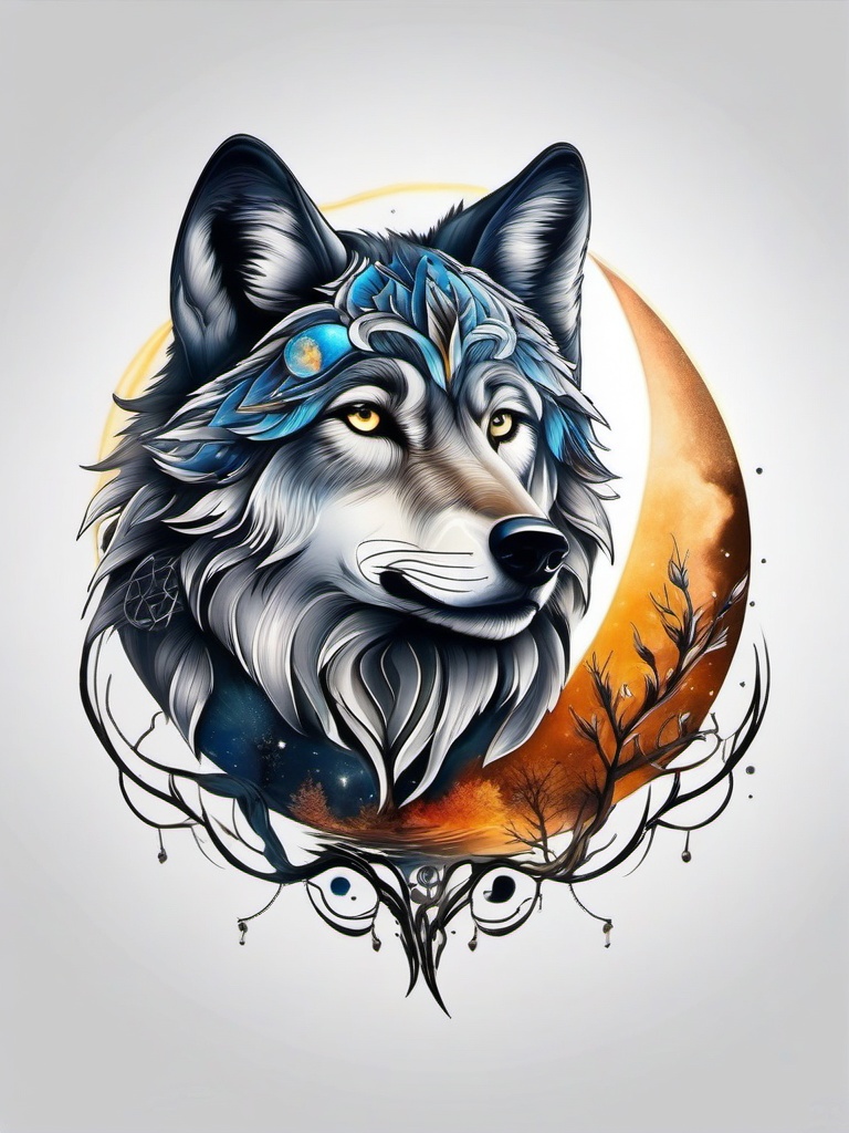 Wolf and the Moon Tattoo,elegant fusion of a wolf and the moon, dance between nature and the cosmos in tattoo form. , color tattoo design, white clean background