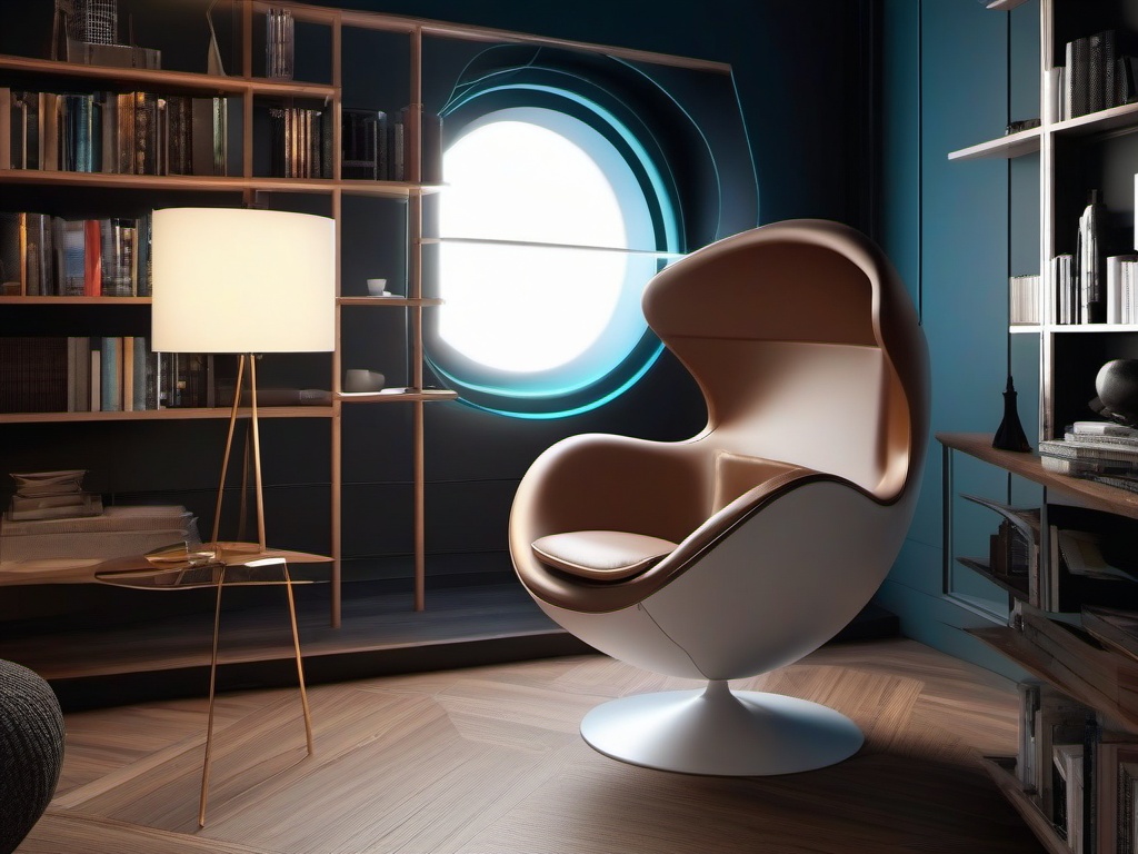 In the reading nook, futuristic interior design highlights a comfortable chair, smart lighting, and minimalistic decor, creating a perfect space for enjoying books and daydreaming.  