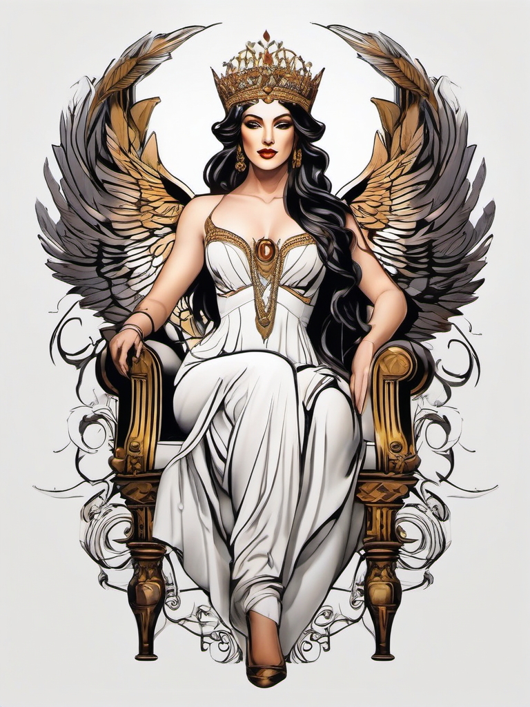 Aphrodite's throne tattoo. Regal beauty seated.  color tattoo minimalist white background