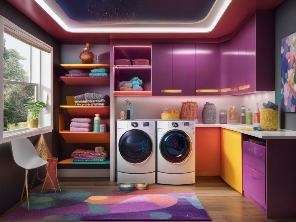 In the laundry room, cosmic chic interior design includes bright storage solutions, fun cosmic-themed decor, and ample lighting that makes chores feel more enjoyable and vibrant.  