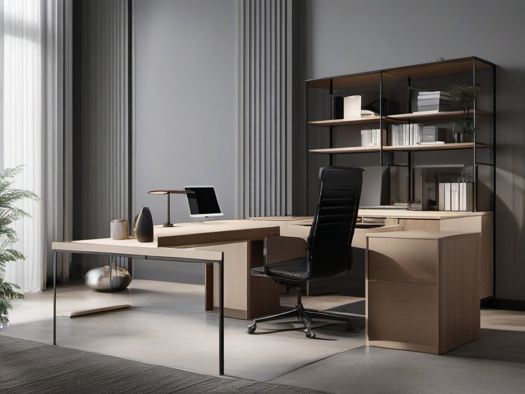 Bauhaus office combines functional furnishings, clean lines, and minimalist design to create a practical and stylish workspace.  