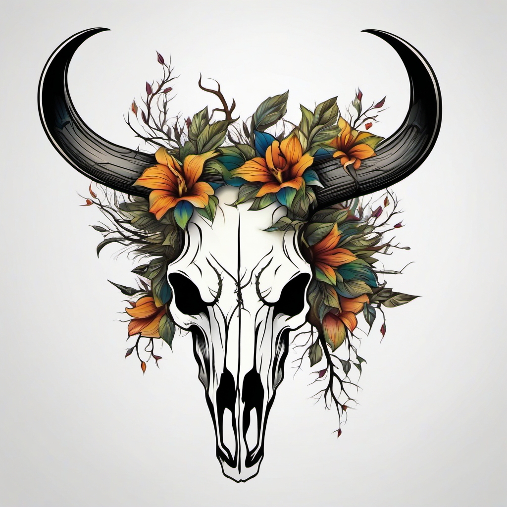 Abstract bull skull roots tattoo. Deep-seated connection to nature's roots.  color tattoo design, white background