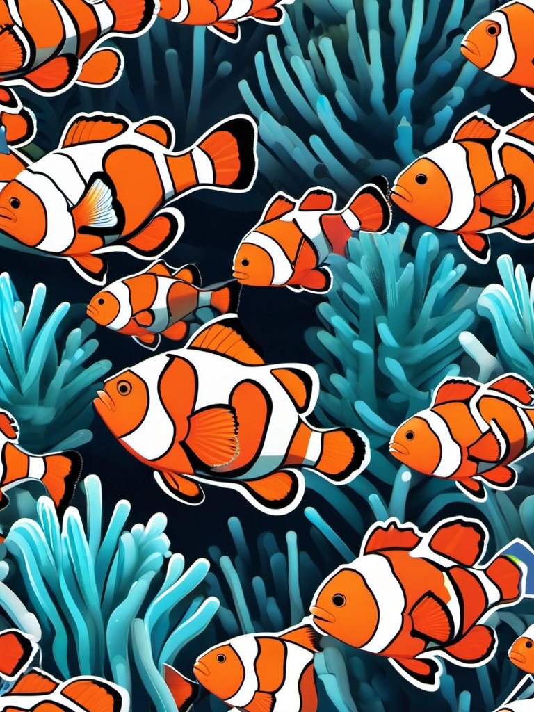 Clownfish Reef Sticker - A vibrant coral reef teeming with clownfish, ,vector color sticker art,minimal