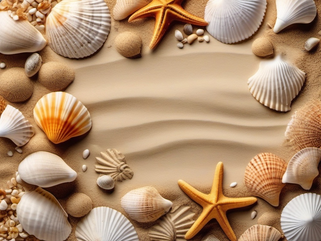 Sand and seashells for a beachy vibe top view, photo realistic background, hyper detail, high resolution