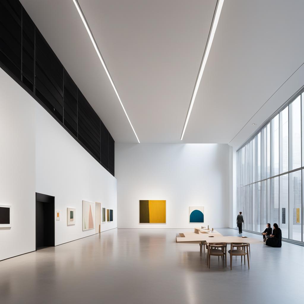 explore the minimalist design of a contemporary art museum, with clean lines and large, open spaces. 