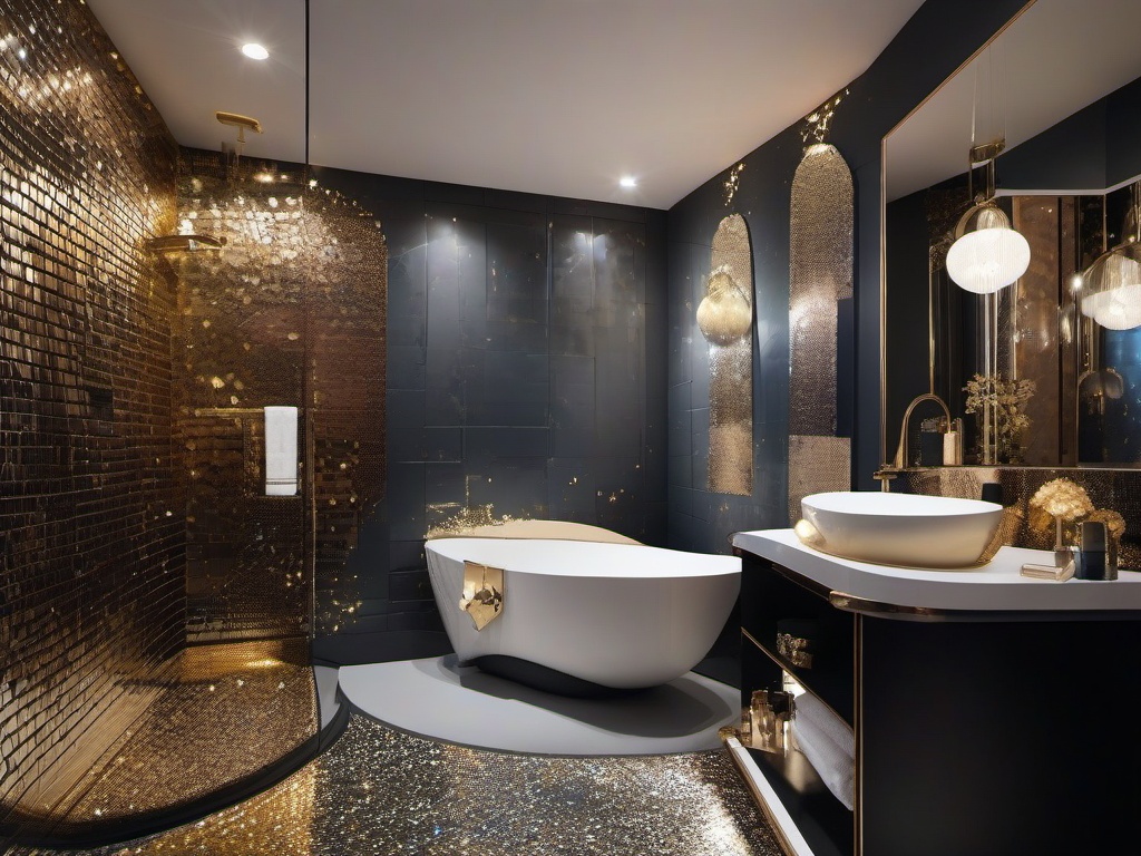 A small bathroom designed with cosmic chic interior design highlights shimmering tiles, whimsical wall art, and metallic accents, transforming the space into a chic cosmic retreat.  