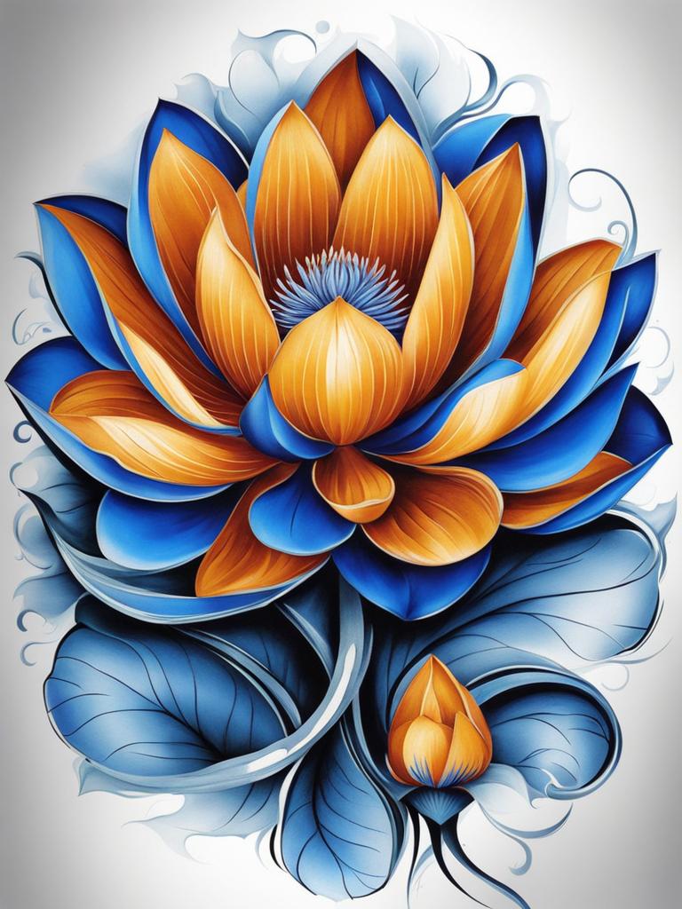 Blue lotus tattoos, Tattoos featuring the striking and exotic blue lotus flower.  vivid colors, white background, tattoo design