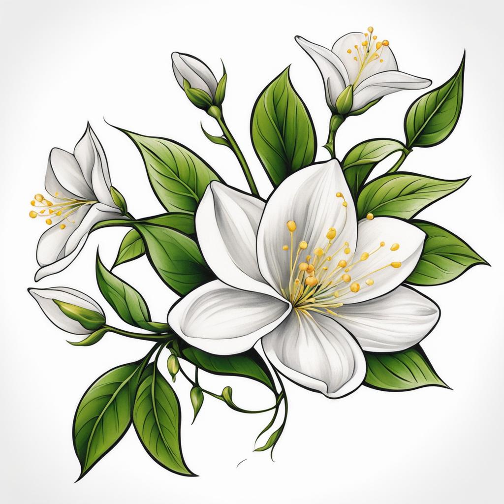 Jasmine flower tattoo, Tattoos inspired by the fragrant and charming jasmine flower.  vivid colors, white background, tattoo design