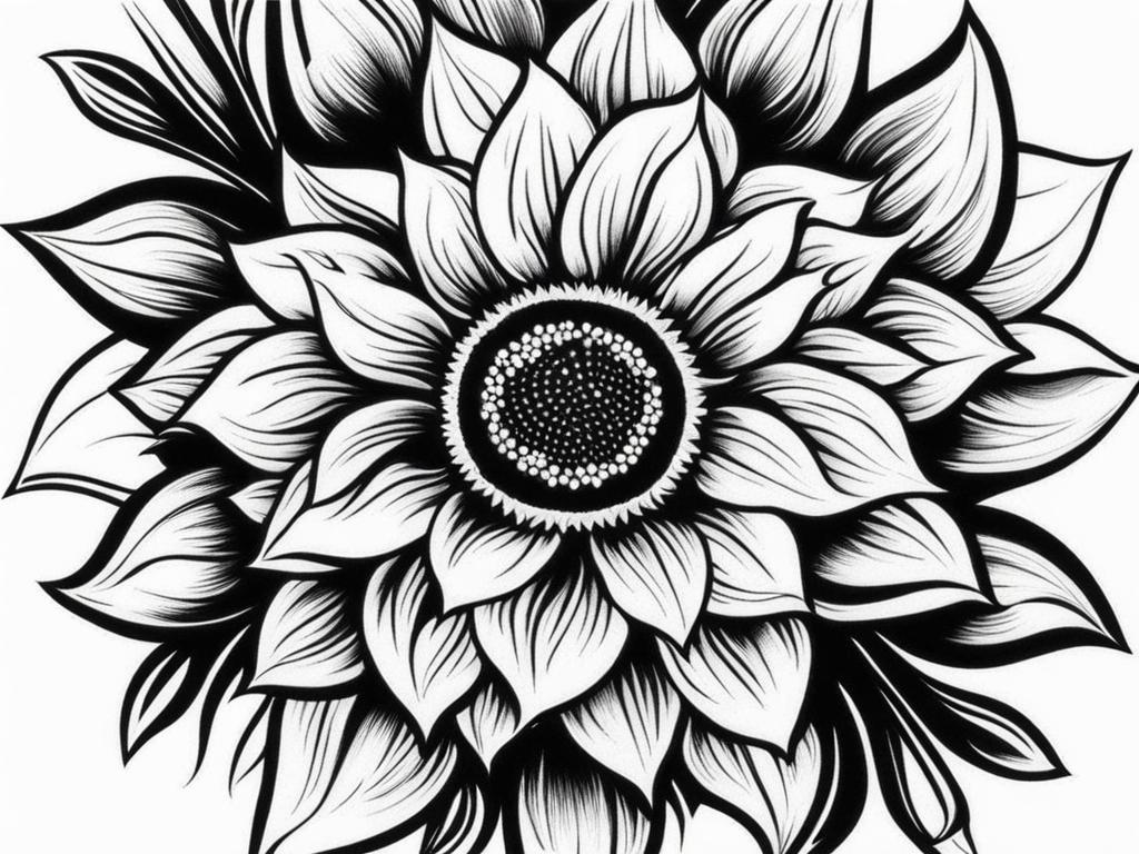 Sunflower tattoo black and white, Striking black and white sunflower tattoos.  vivid colors, white background, tattoo design