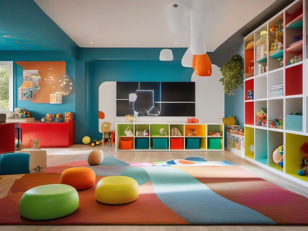 The playroom embodies futuristic interior design with bright colors, interactive toys, and creative storage solutions, providing a dynamic space for children's activities.  