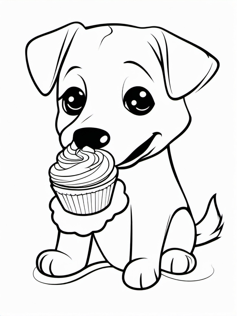 Dog with a Cupcake Coloring Pages - Adorable Pup Enjoying a Sweet Treat  minimal black outline printable sheet, coloring page