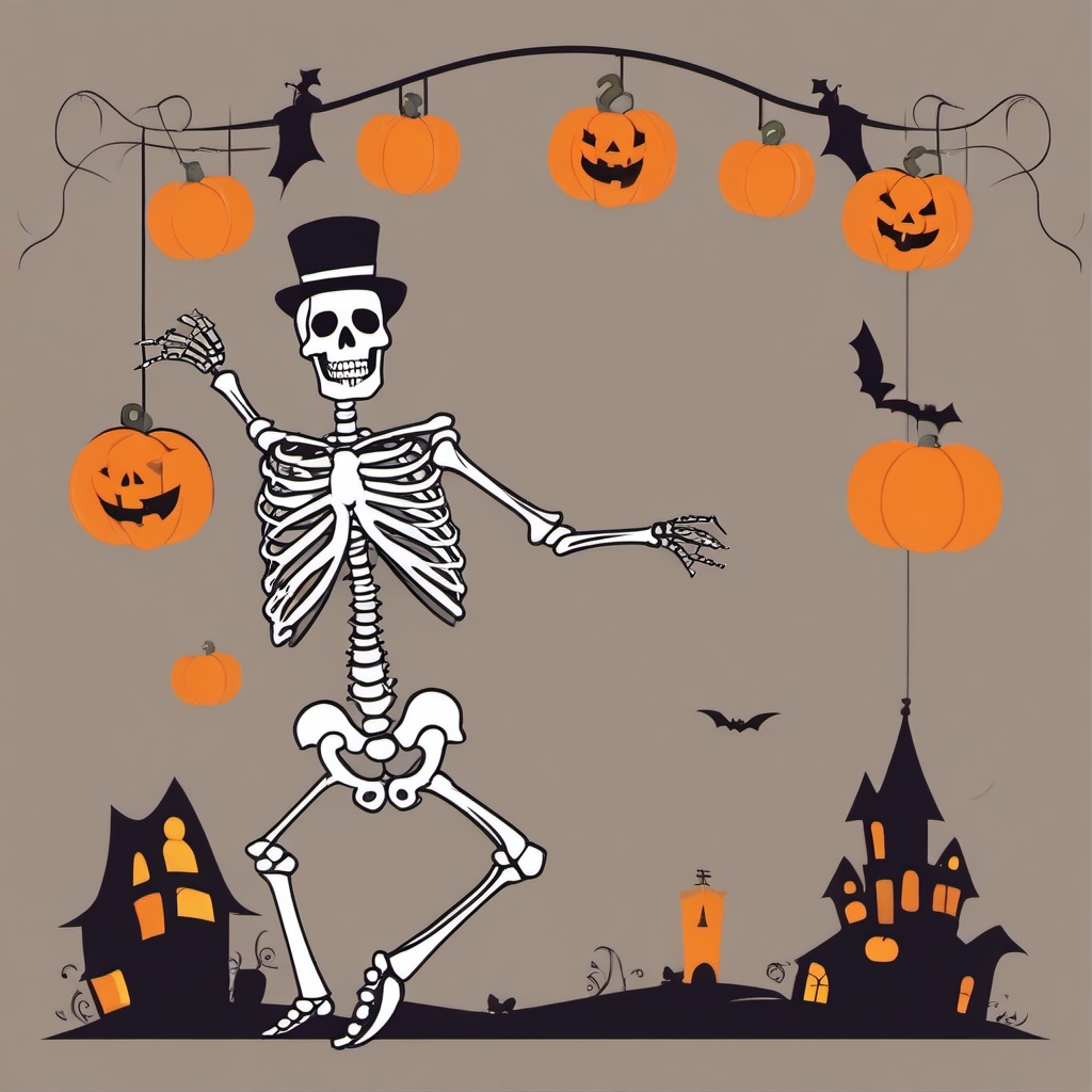 October clipart - skeleton dancing at a Halloween party  color,minimalist,vector clipart