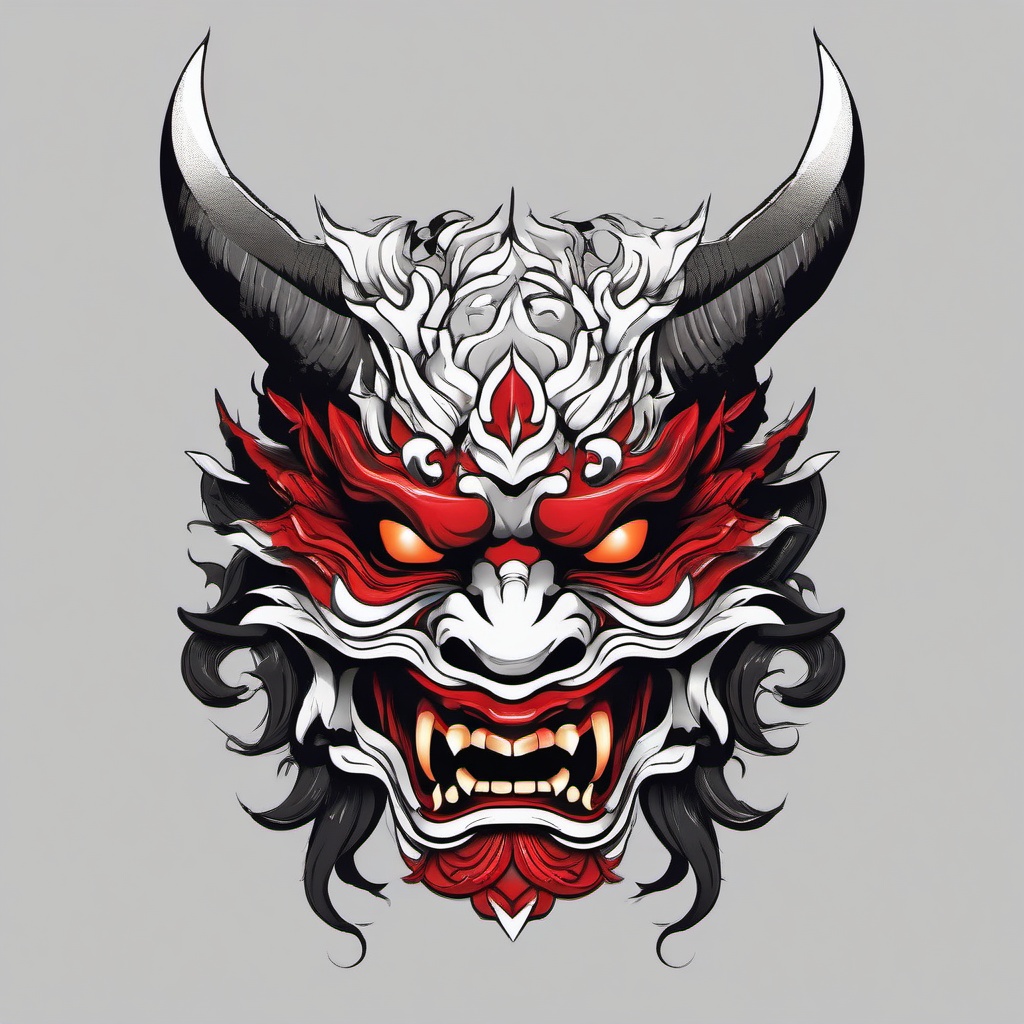 oni mask with dragon tattoo  simple color tattoo,white background,minimal