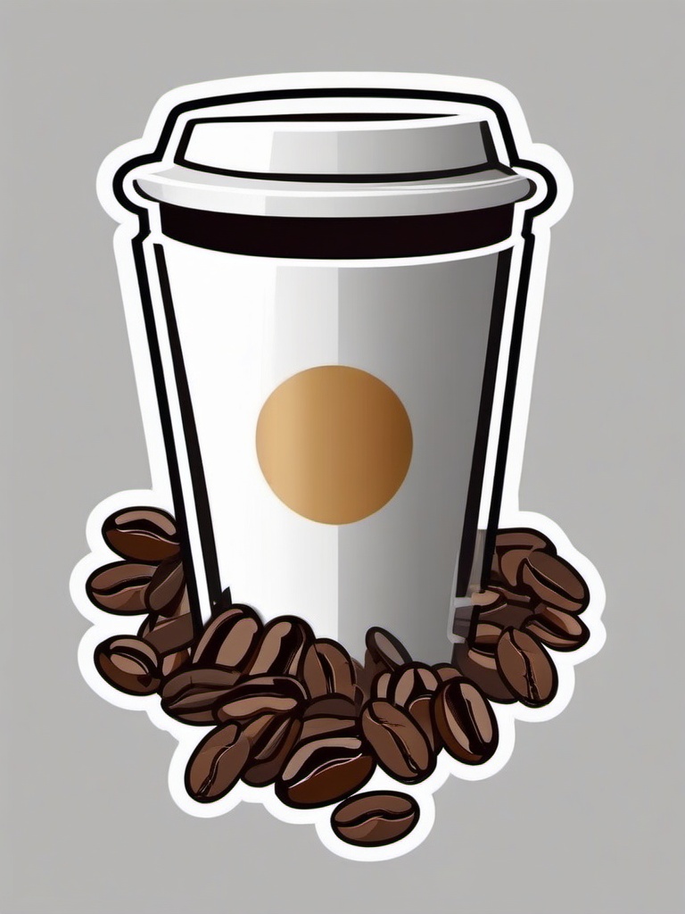 Coffee Beans and Cup Sticker - Scattered coffee beans surrounding a coffee cup, ,vector color sticker art,minimal