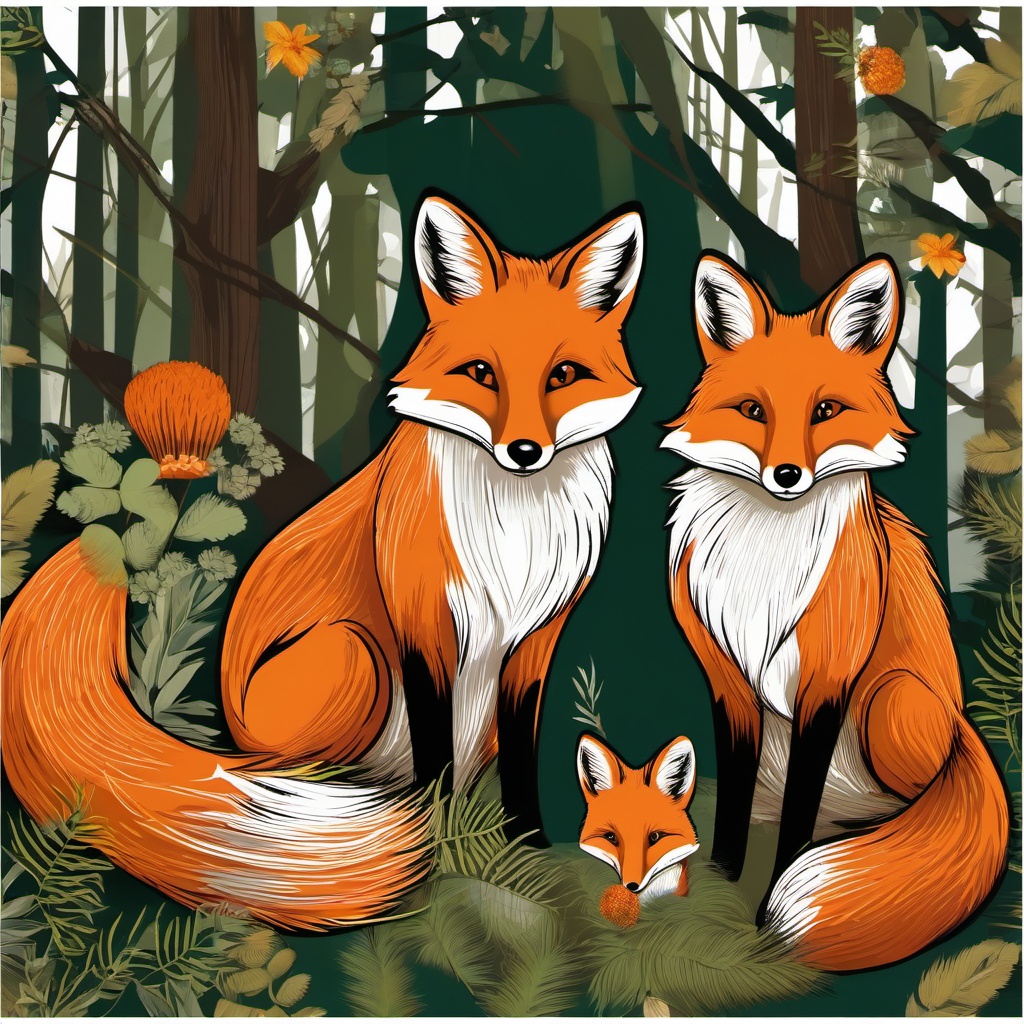 Fox Clipart, Sly and cunning foxes in a forest. 