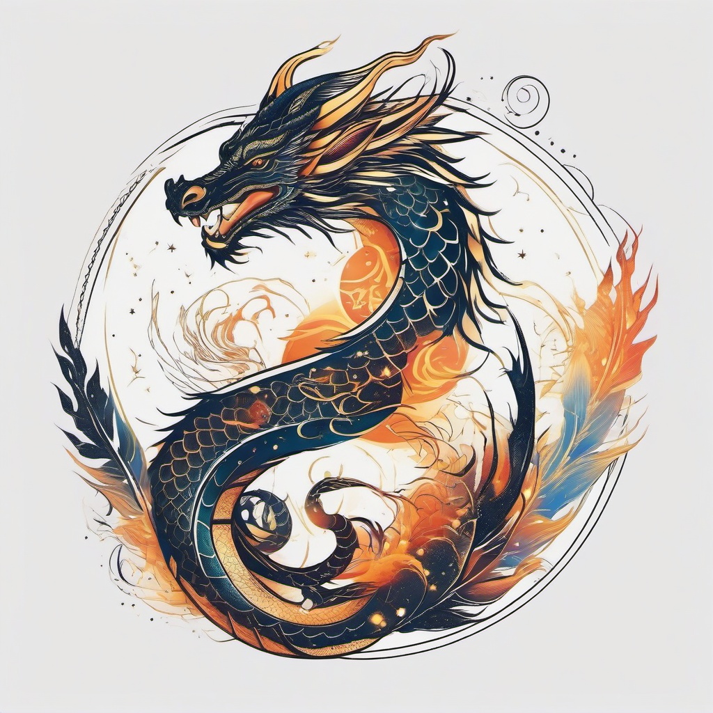 Celestial Dragon Tattoo - Dragon tattoo with celestial elements and cosmic vibes.  simple color tattoo,minimalist,white background