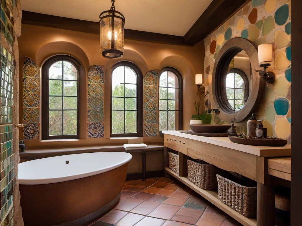 Mediterranean small bathroom features colorful tiles, arched mirrors, and rustic decor that create a bright and inviting atmosphere.  