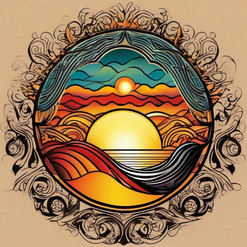 Sun and Wave Tattoo with Color - Combines the sun and waves in a colorful design, symbolizing vibrancy and energy.  simple tattoo design