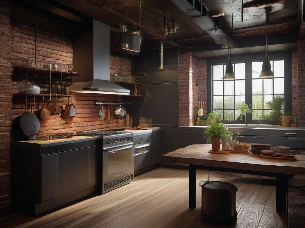 In the kitchen, Post-Apocalyptic interior design includes rugged cabinetry, exposed brick walls, and vintage appliances that blend functionality with a raw aesthetic for an inviting cooking space.  