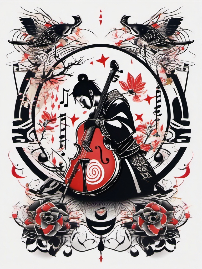 Samurai tattoo surrounded by symbolic musical notes, expressing emotion.  color tattoo,minimalist,white background