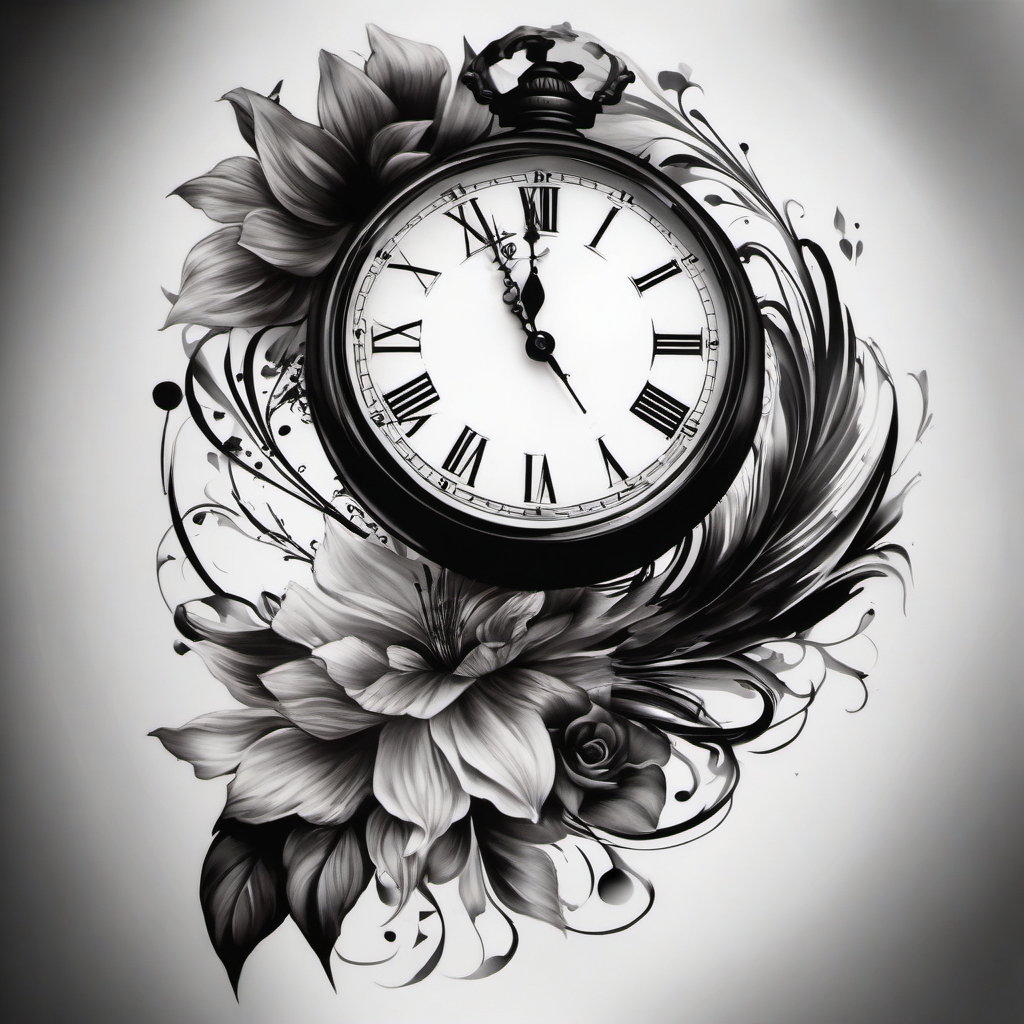 Clock tattoo: Timeless ink reflecting the beauty and significance of passing moments.  black white tattoo, white background