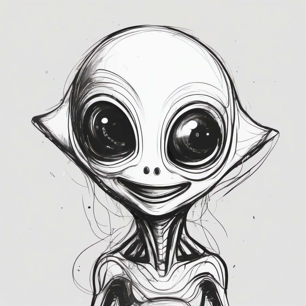 drawing of a happy alien  minimal rough sketch scribbles,doodles,black and white