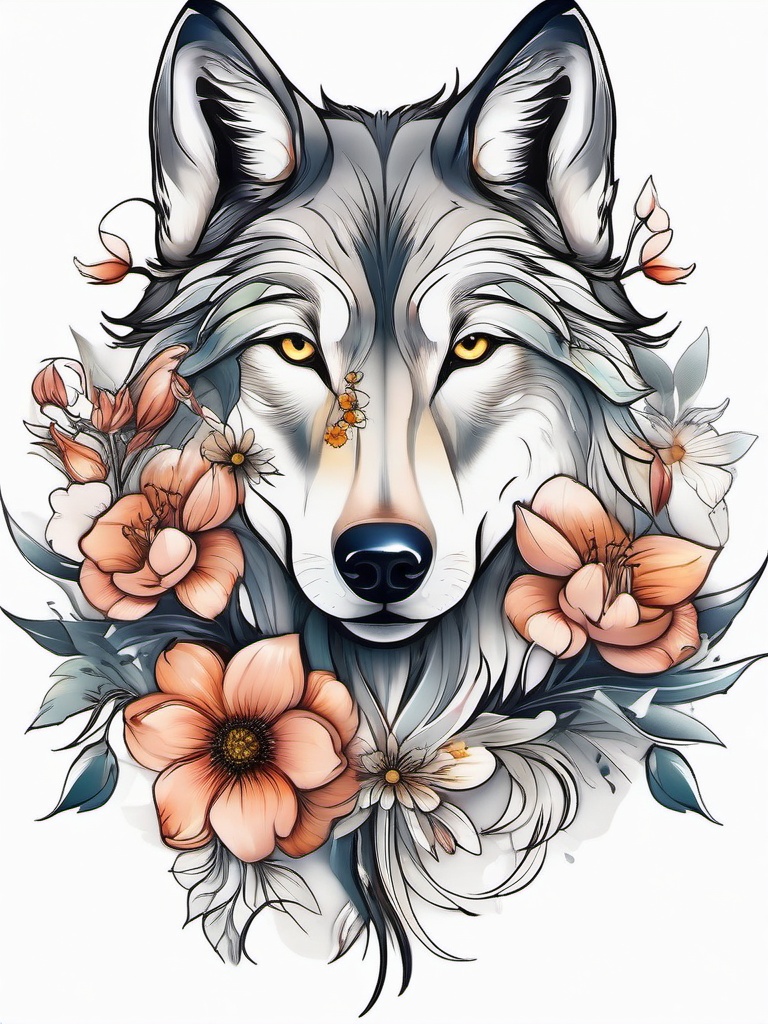 Wolf and Flower Tattoo,harmonious fusion of a wolf and delicate flowers, symbolizing both strength and beauty. , color tattoo design, white clean background