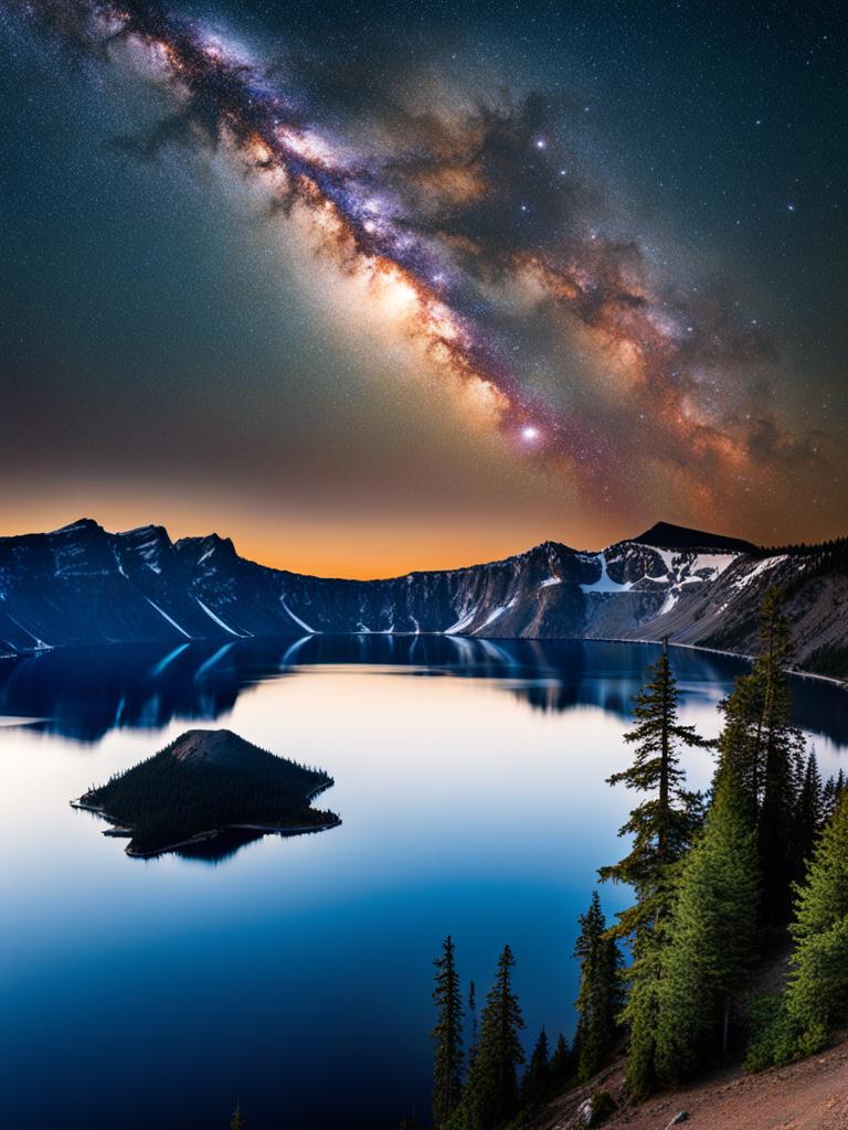 crater lake - imagine the serene night view of crater lake, the deepest lake in the usa, where its crystal-clear waters reflect the milky way and surrounding cliffs. 