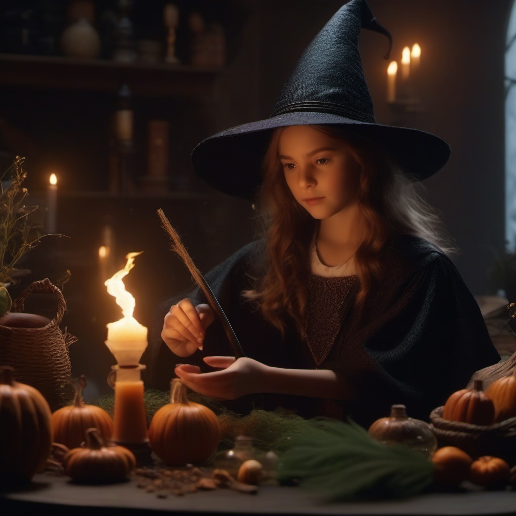 Young witch's magical experiments with potion ingredients lead to an accidental summoning of an enchanted broomstick.  8k, hyper realistic, cinematic