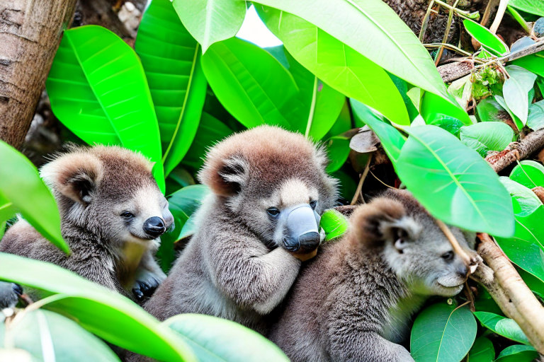 koalas organizing a 'eucalyptus leaf eating contest,' taking their time to savor each bite. 