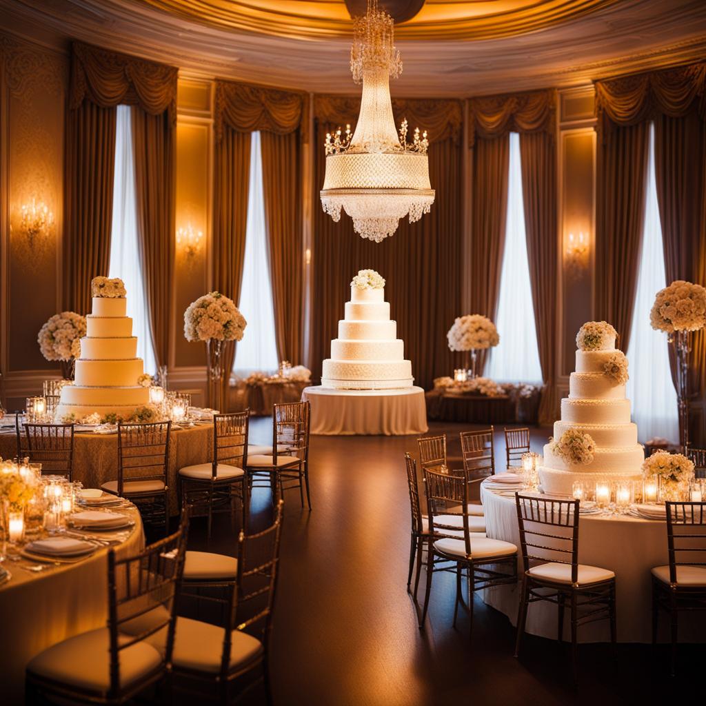 wedding vanilla cake in a vintage ballroom: visualize a classic vanilla wedding cake with intricate lace-like icing, showcased in an opulent, chandelier-lit ballroom. 