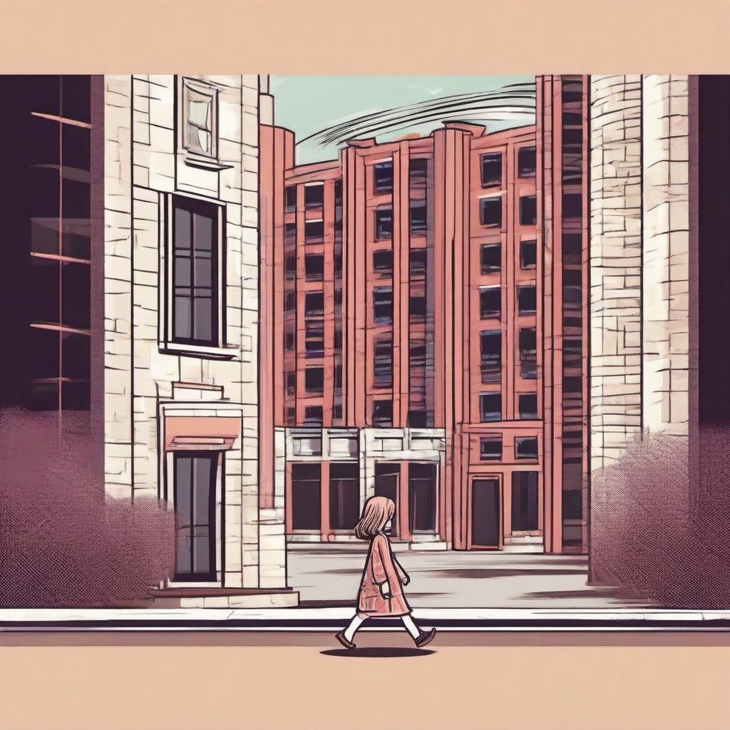 little girl nervously walking to building  , vector illustration, clipart