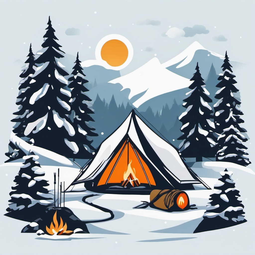 Winter Camping clipart - Camping in the winter wilderness, ,vector color clipart,minimal